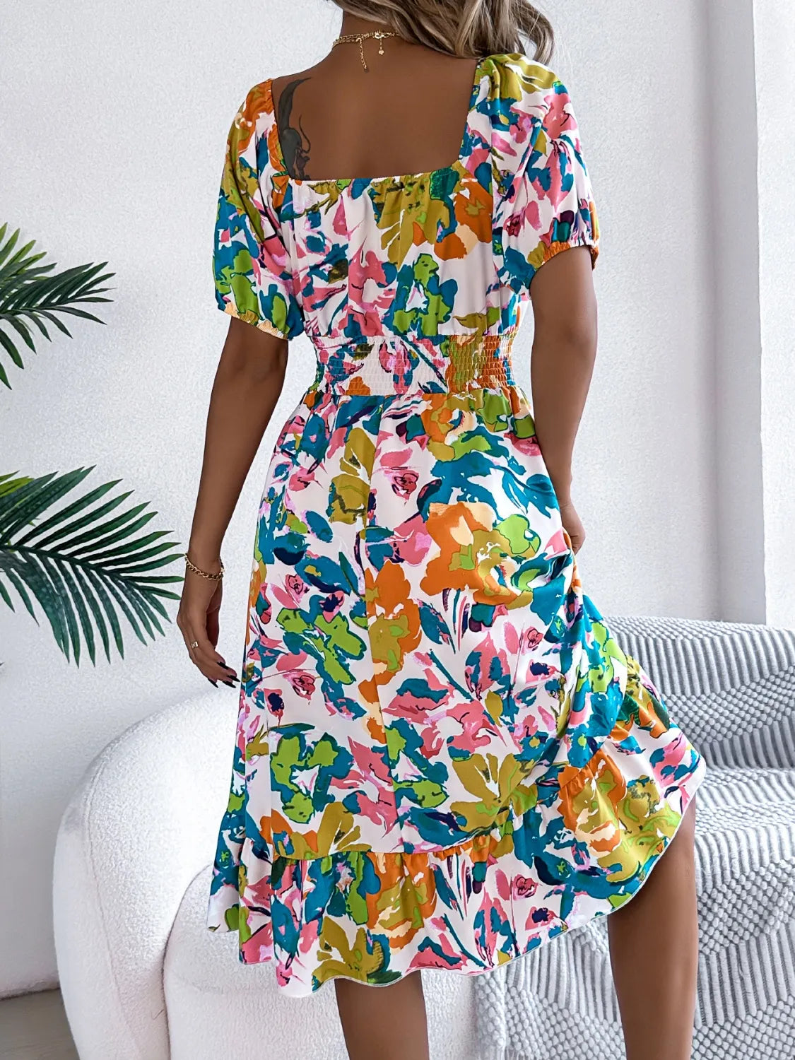 Ruffled Hem Smocked Floral Short Sleeve Midi Dress - Maria de Fatima Andrade