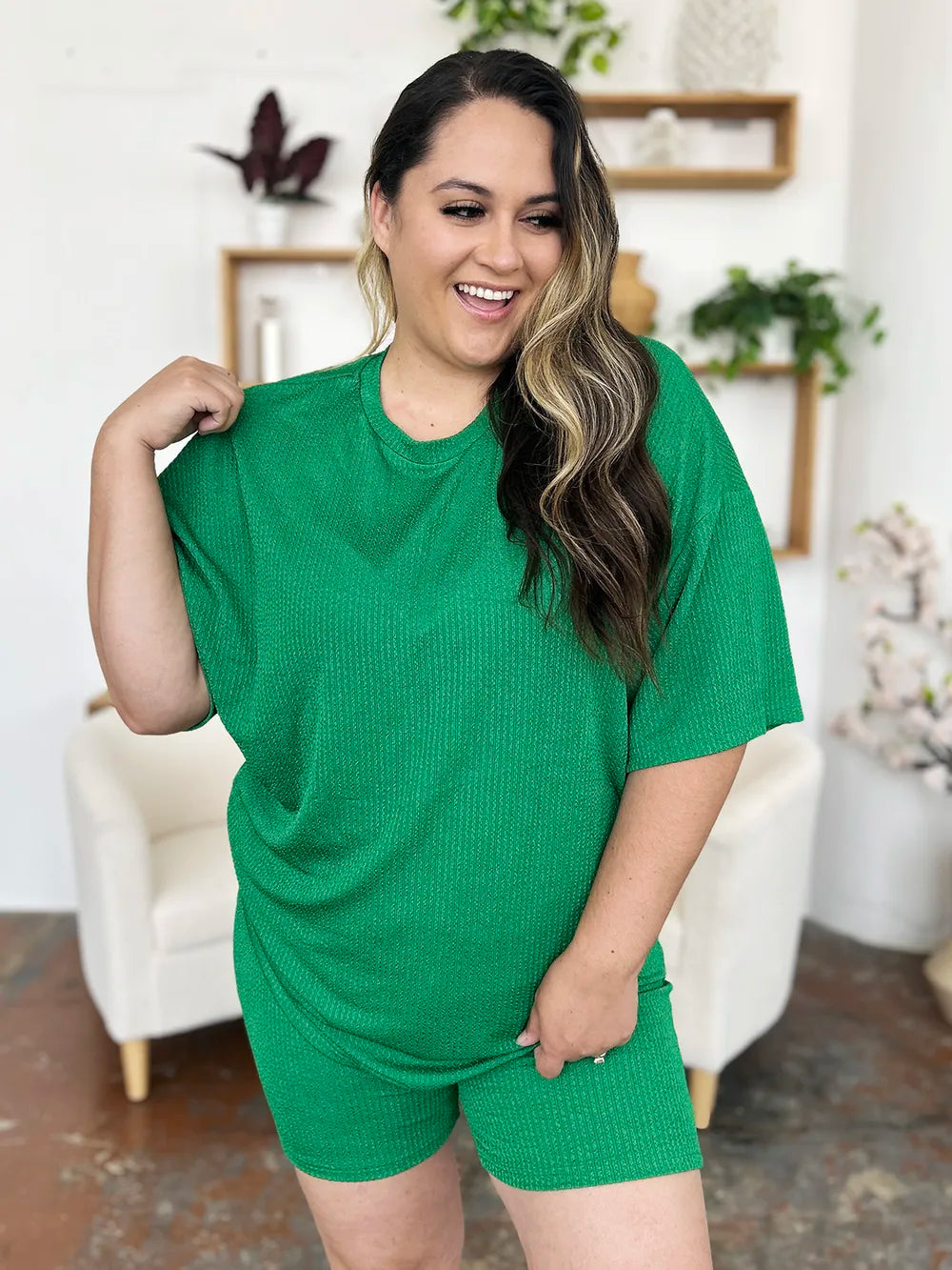 Double Take Full Size Texture Round Neck Drop Shoulder T-Shirt and Shorts Set - Maria de Fatima Andrade