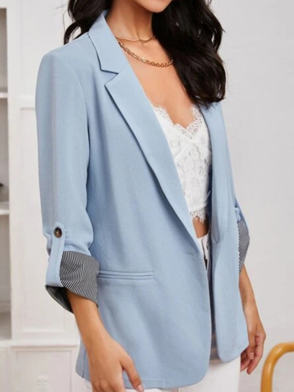 Lapel Collar Roll-Tab Sleeve Blazer - Maria de Fatima Andrade