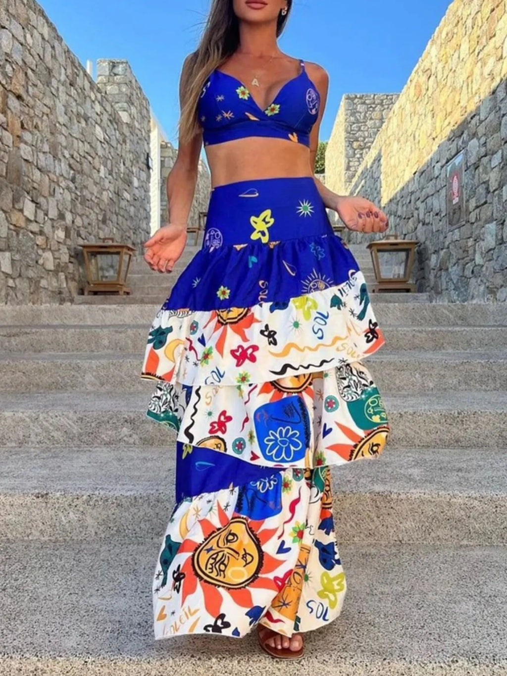 Printed Cami and Layered Skirt Set - Maria de Fatima Andrade