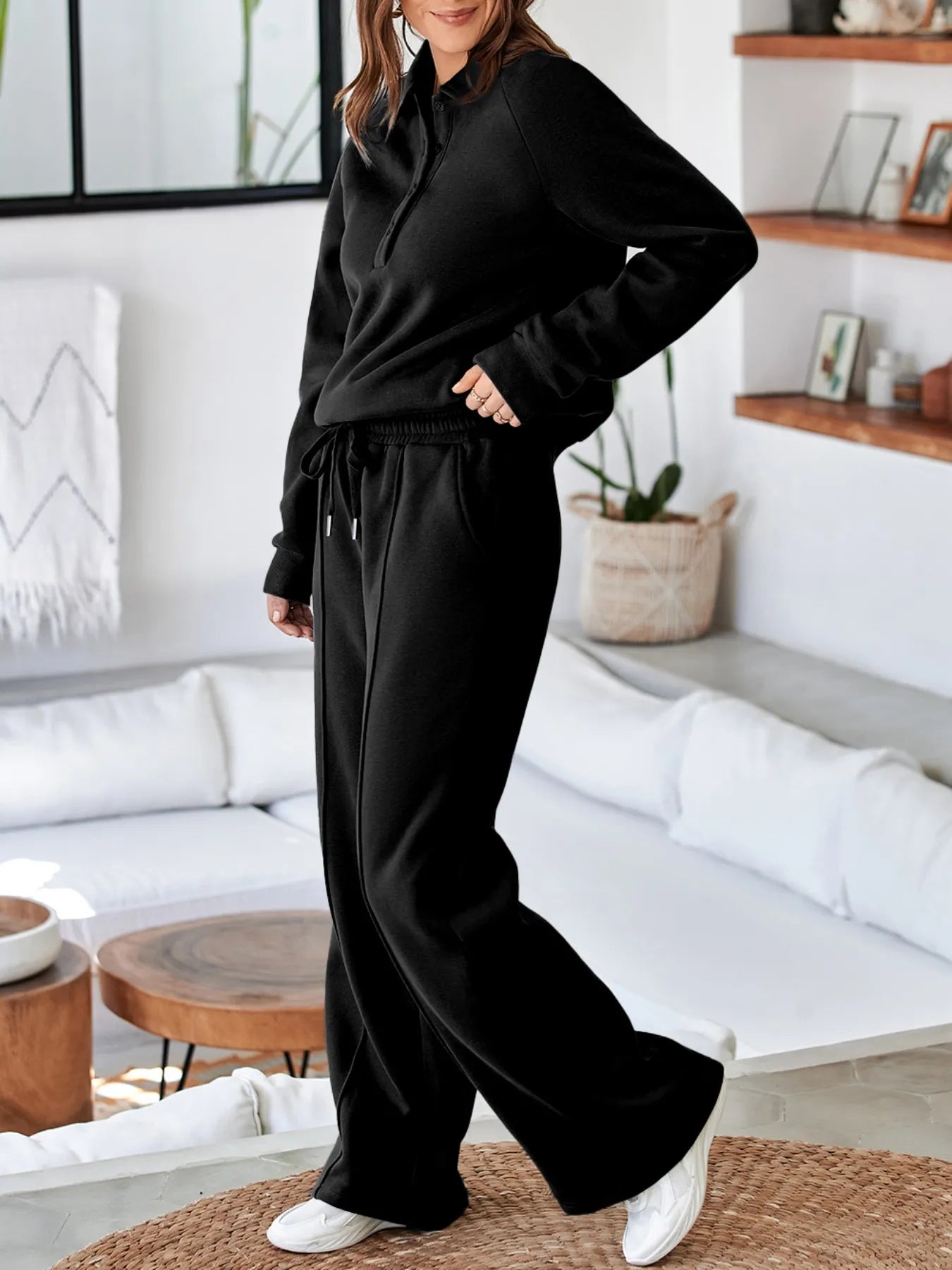Collared Sweatshirt and High Waist Pants Active Set - Maria de Fatima Andrade
