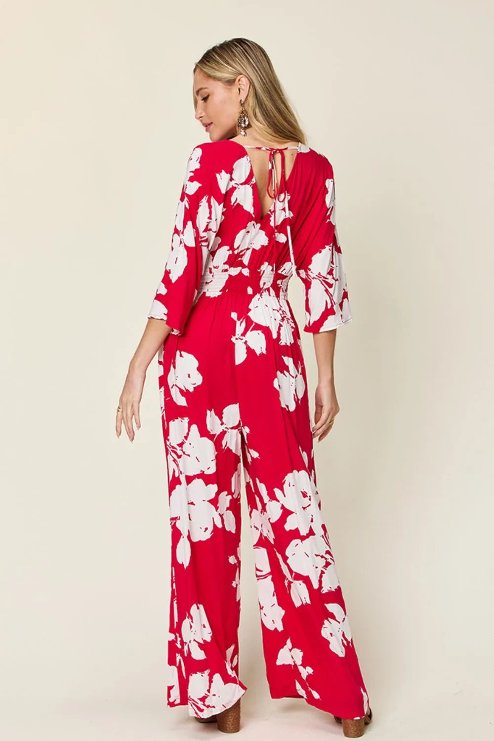 Double Take Full Size Printed Tie Back Wide Leg Jumpsuit - Maria de Fatima Andrade