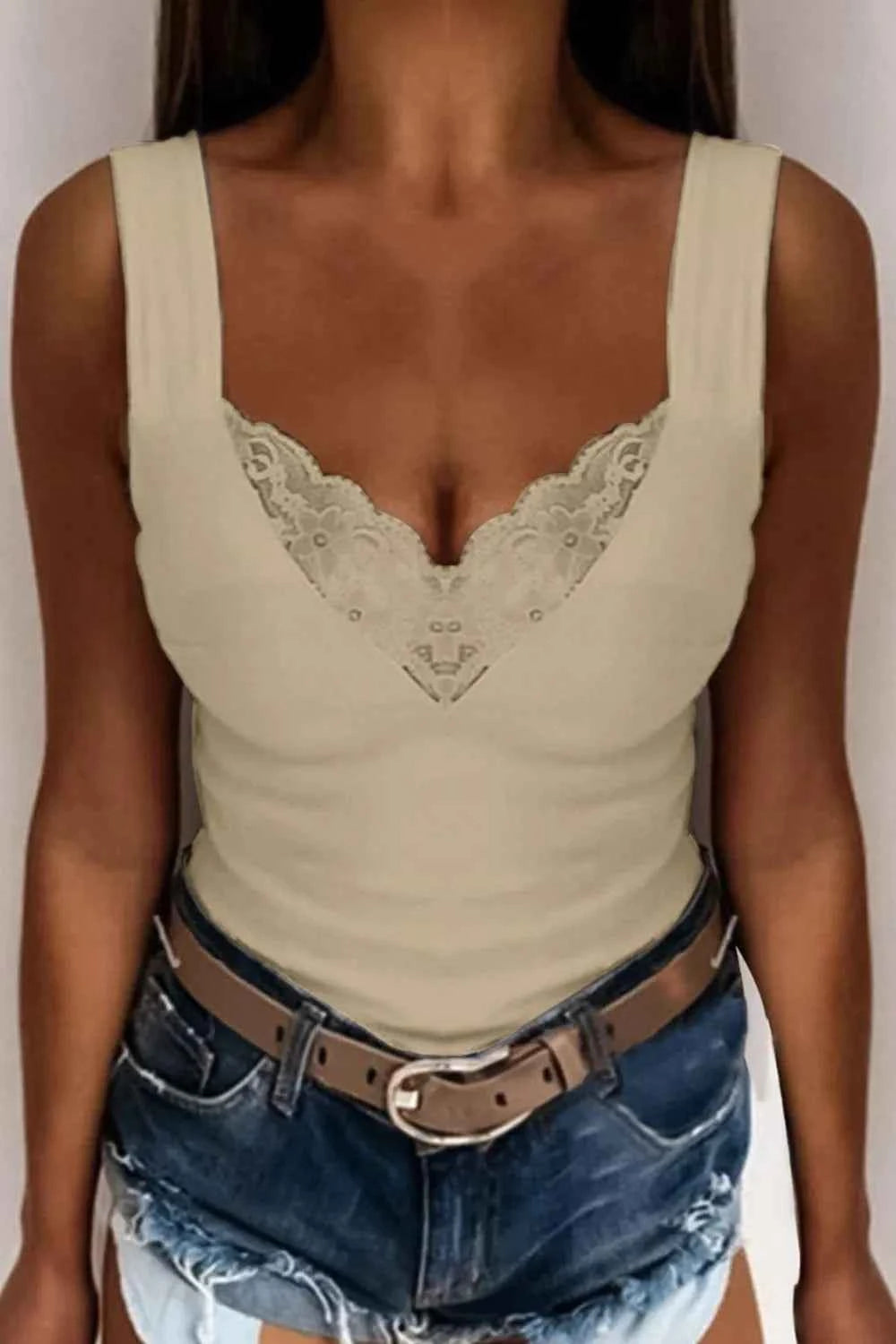 V-Neck Tank with Lace Detail
