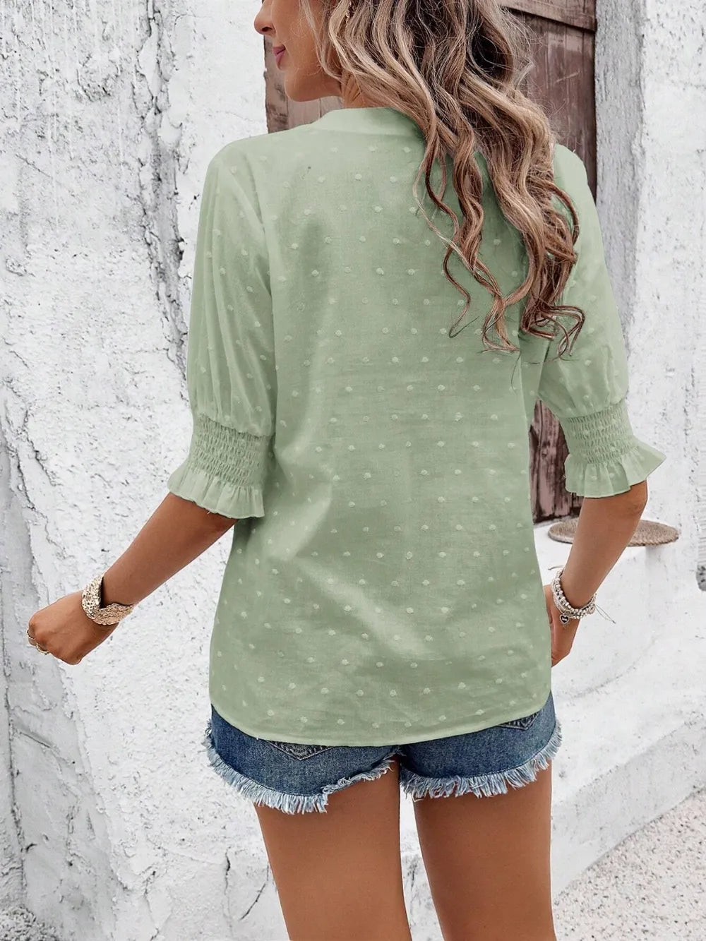 Eyelet Notched Flounce Sleeve Blouse - Maria de Fatima Andrade