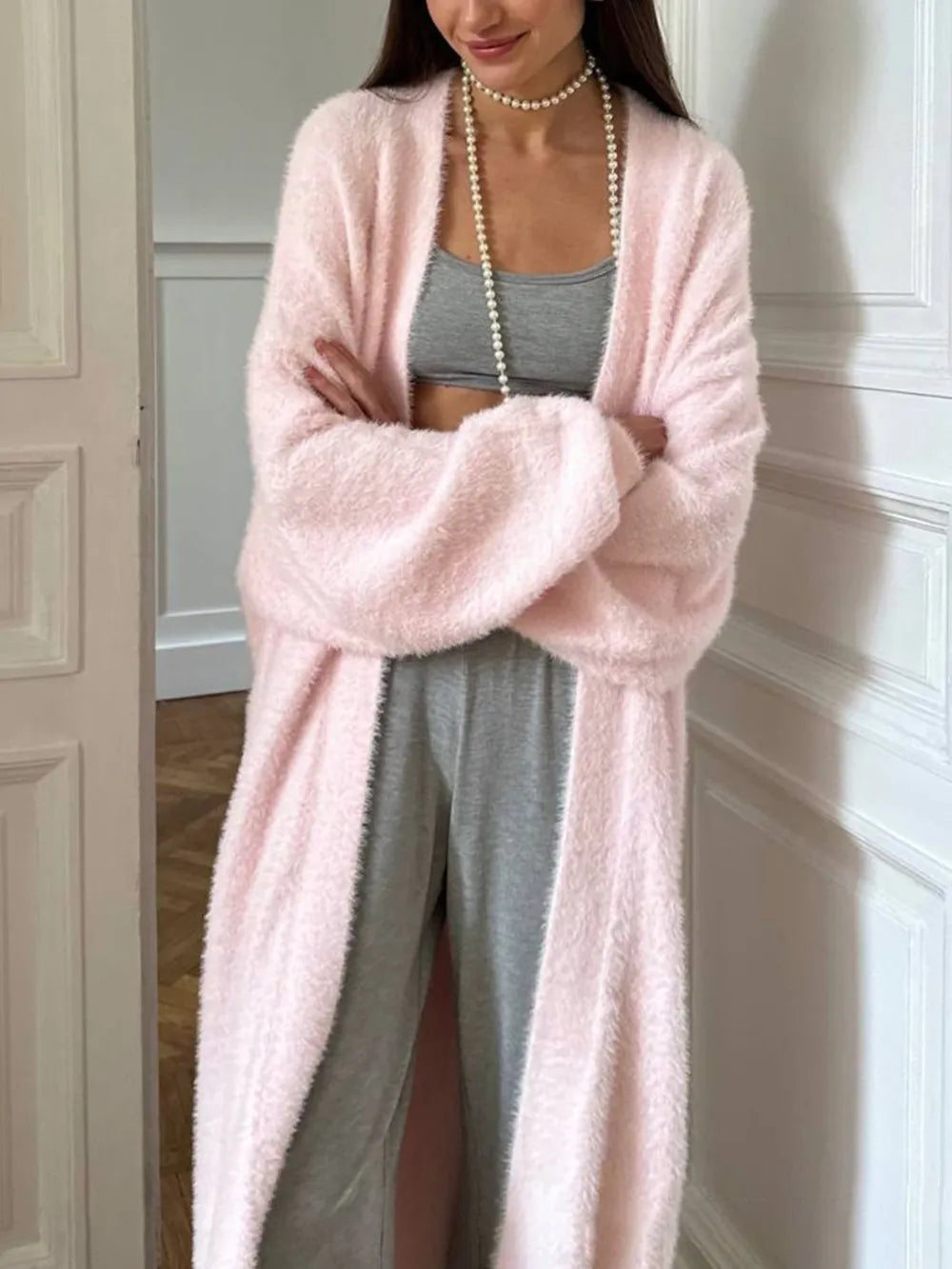 Fuzzy Open Front Solid Color Cardigan - Maria de Fatima Andrade