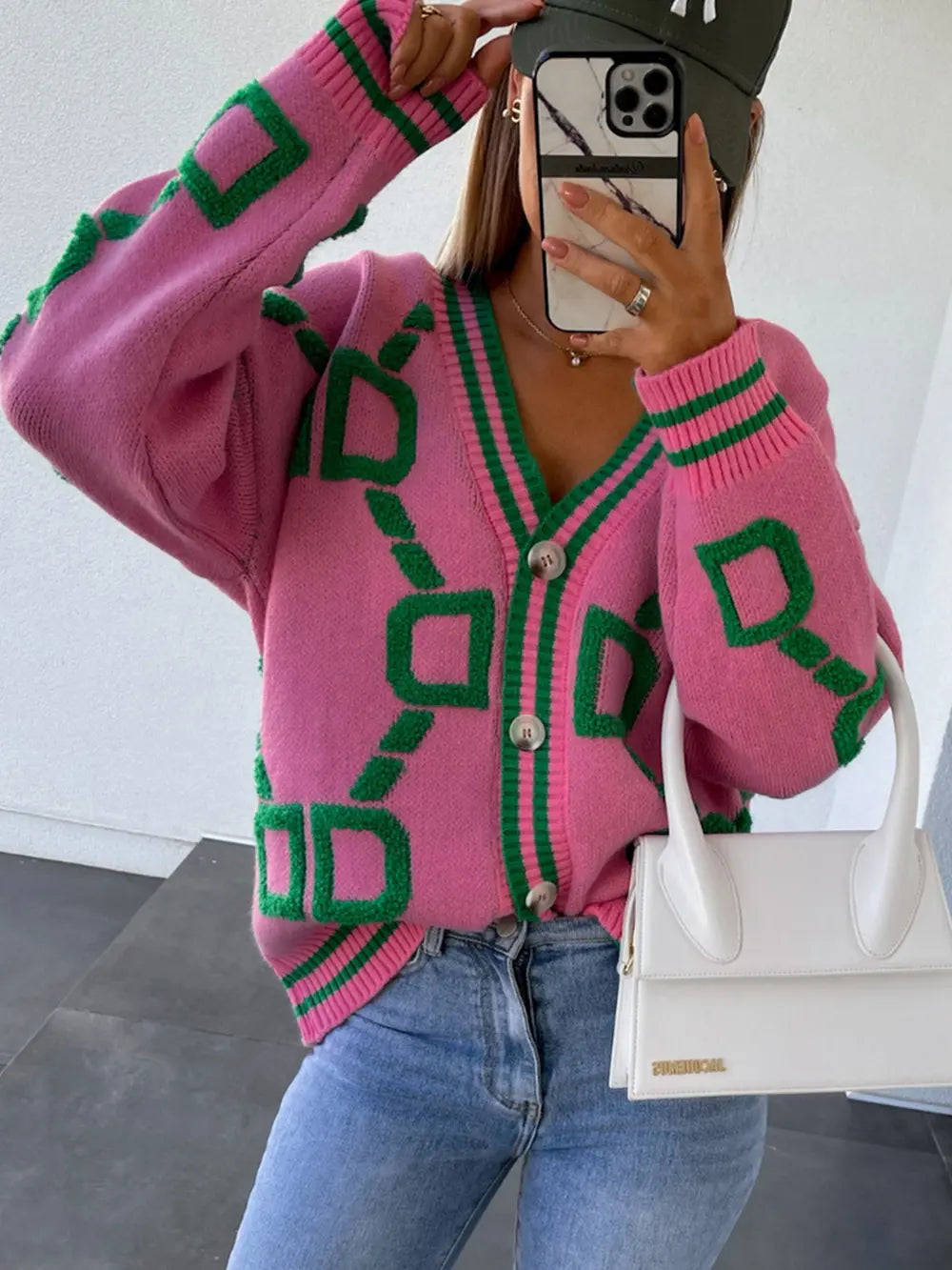 Geometric Dropped Shoulder Button Down Cardigan - Maria de Fatima Andrade