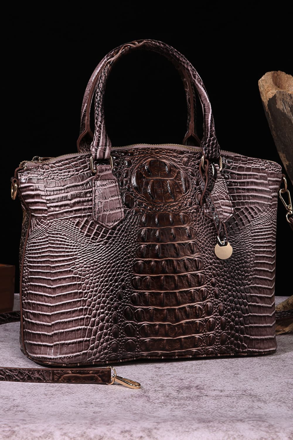PU leather croc handbag with dark brown gradient, top handles, gold zipper pocket