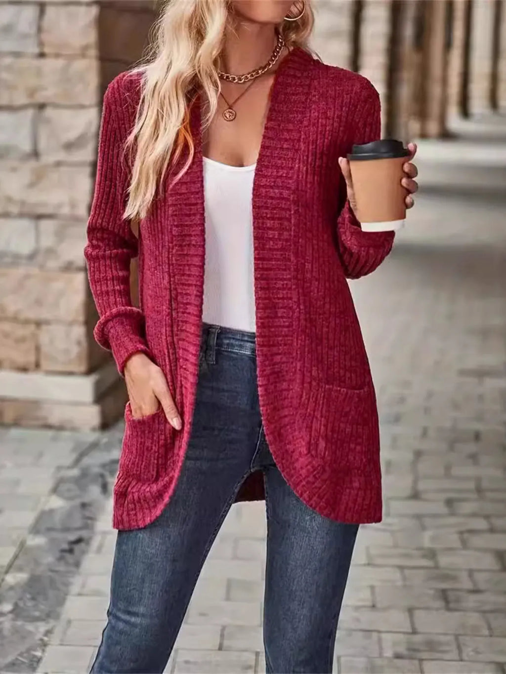 Ribbed Open Front Long Cardigan with Pockets - Maria de Fatima Andrade