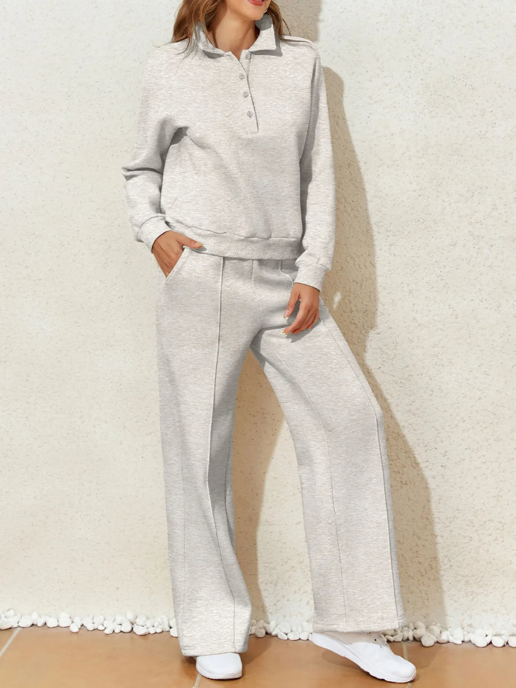 Collared Sweatshirt and High Waist Pants Active Set - Maria de Fatima Andrade