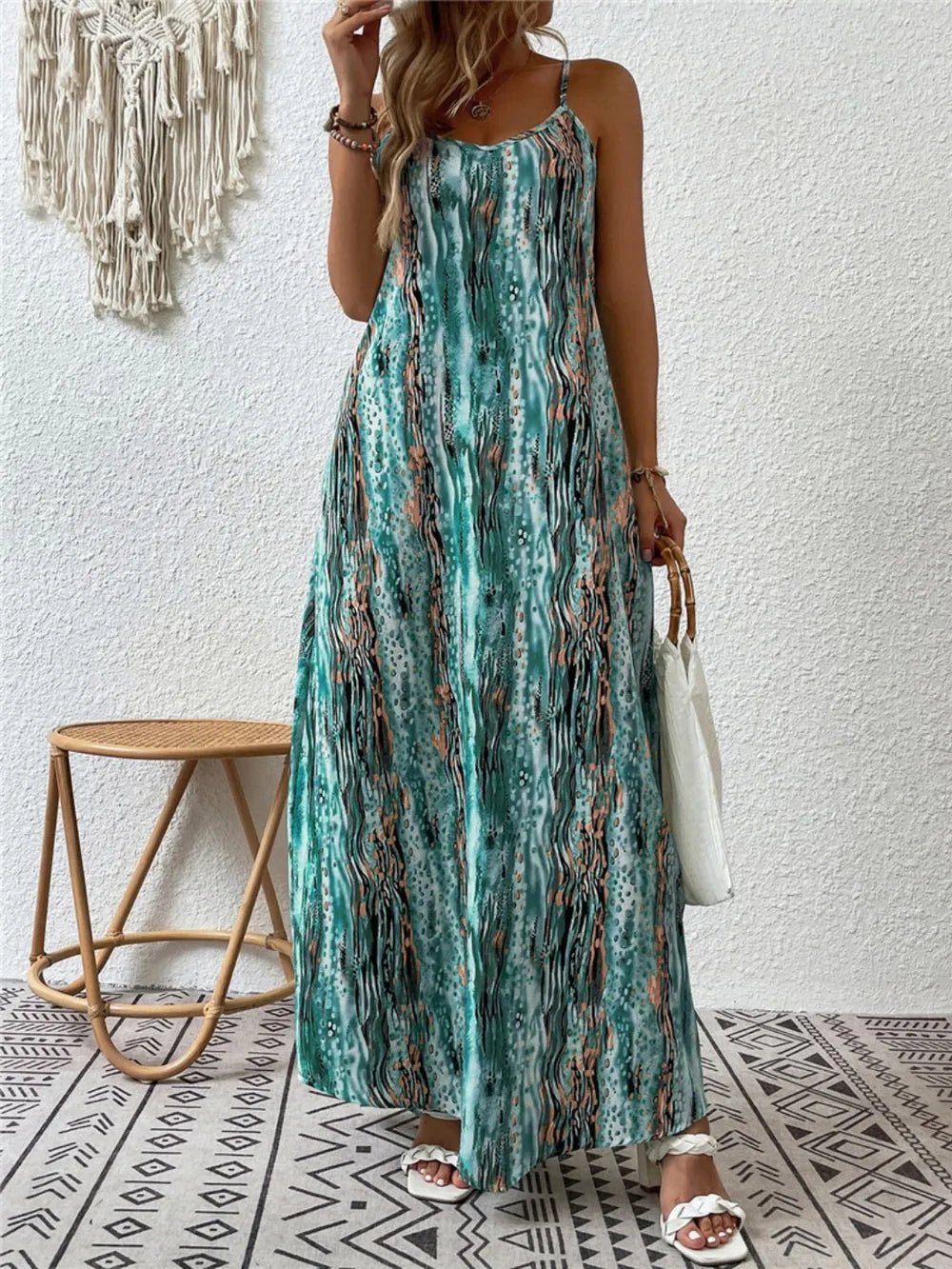 Full Size Printed Scoop Neck Maxi Cami Dress - Maria de Fatima Andrade