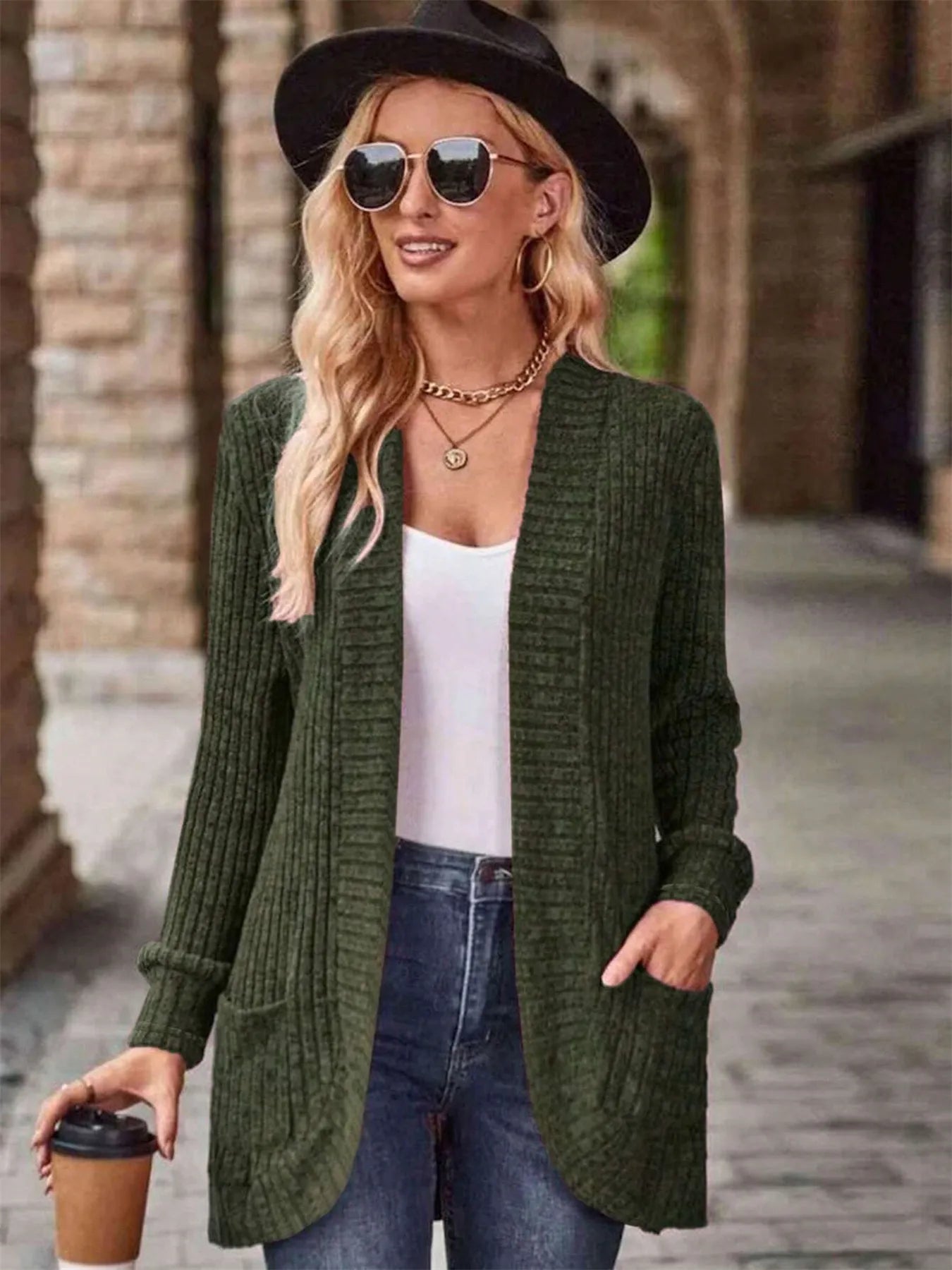 Ribbed Open Front Long Cardigan with Pockets - Maria de Fatima Andrade