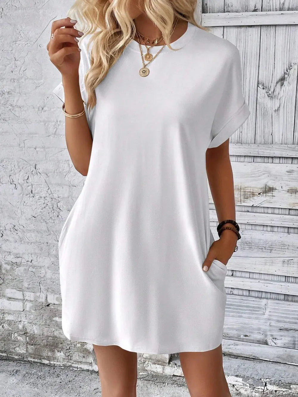Round Neck Short Sleeve Mini Dress - Maria de Fatima Andrade