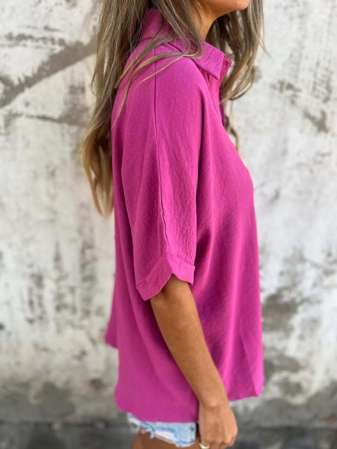 Full Size Collared Neck Half Sleeve Shirt Plus Size - Maria de Fatima Andrade