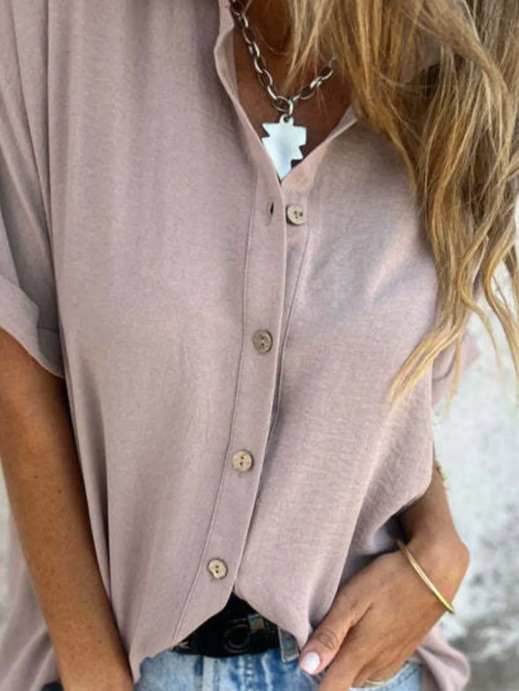 Full Size Collared Neck Half Sleeve Shirt Plus Size - Maria de Fatima Andrade