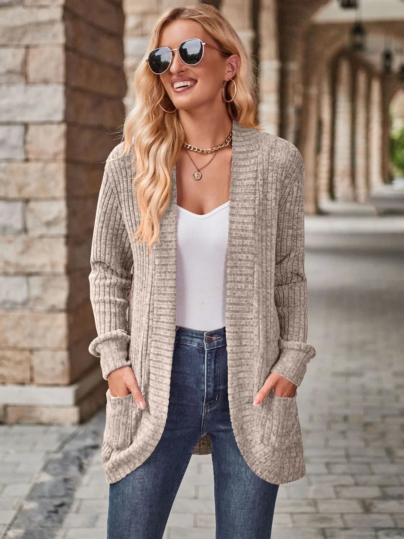 Ribbed Open Front Long Cardigan with Pockets - Maria de Fatima Andrade