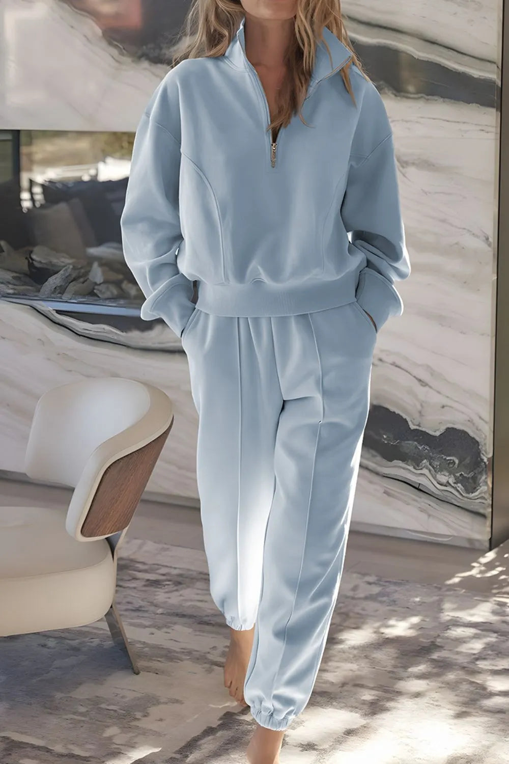 Half Zip Long Sleeve Top and Joggers Set - Maria de Fatima Andrade