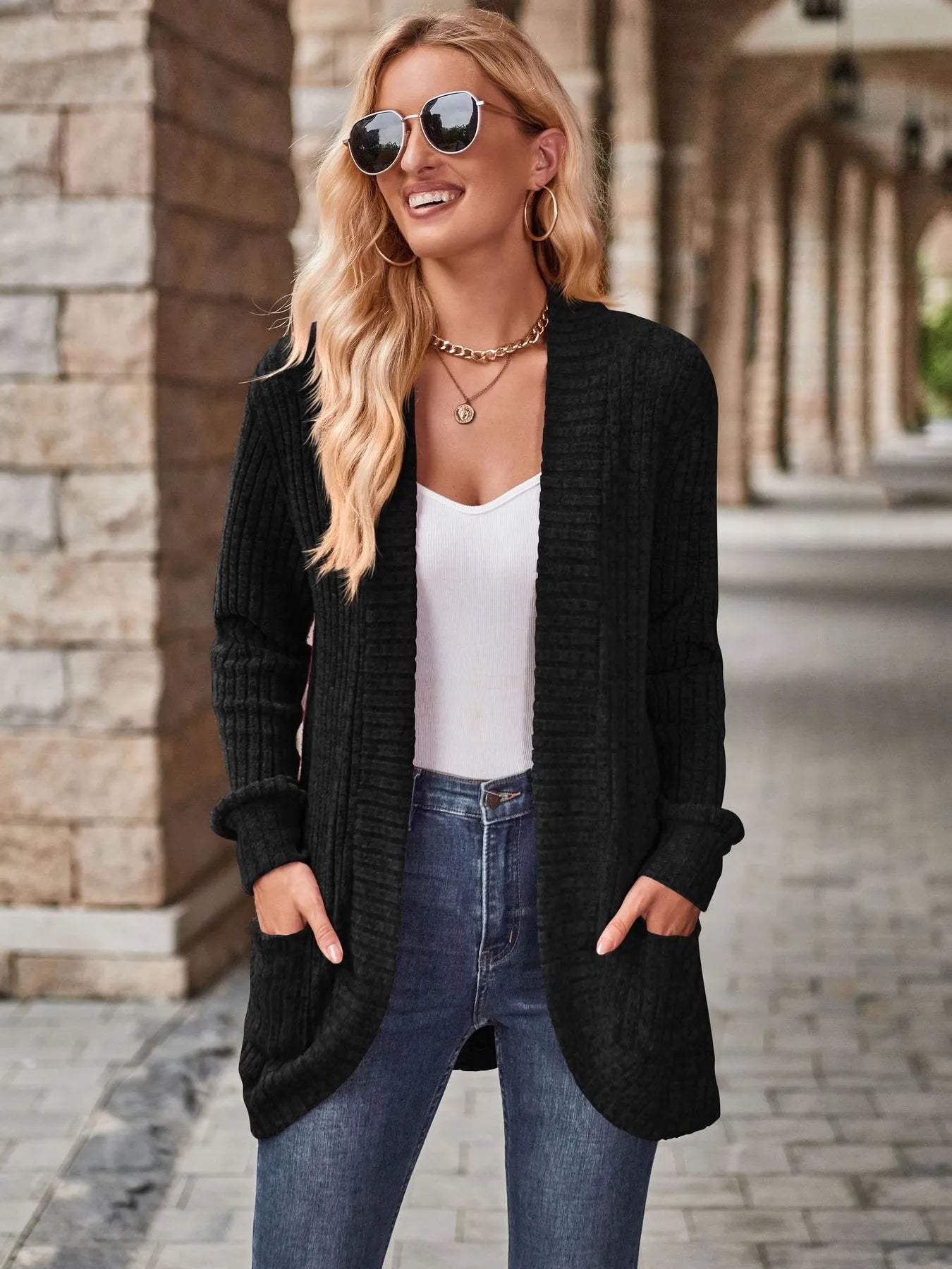 Ribbed Open Front Long Cardigan with Pockets - Maria de Fatima Andrade