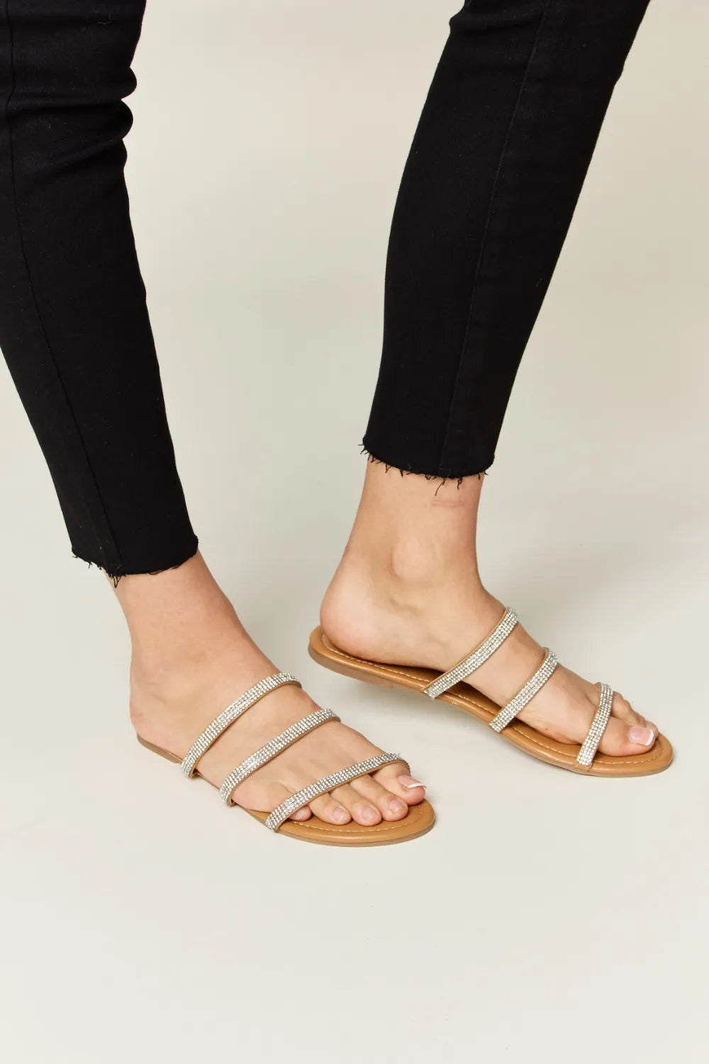Wild Diva Rhinestone Three-Strap Flat Sandals - Maria de Fatima Andrade