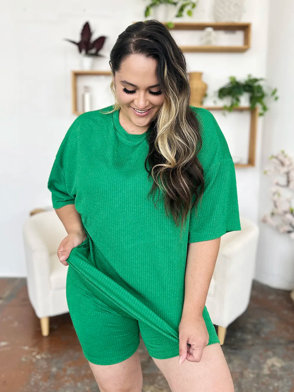Double Take Full Size Texture Round Neck Drop Shoulder T-Shirt and Shorts Set - Maria de Fatima Andrade