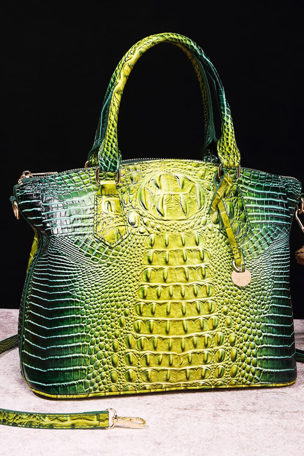 PU leather croc handbag with lime-green gradient, top handles, gold zipper pocket