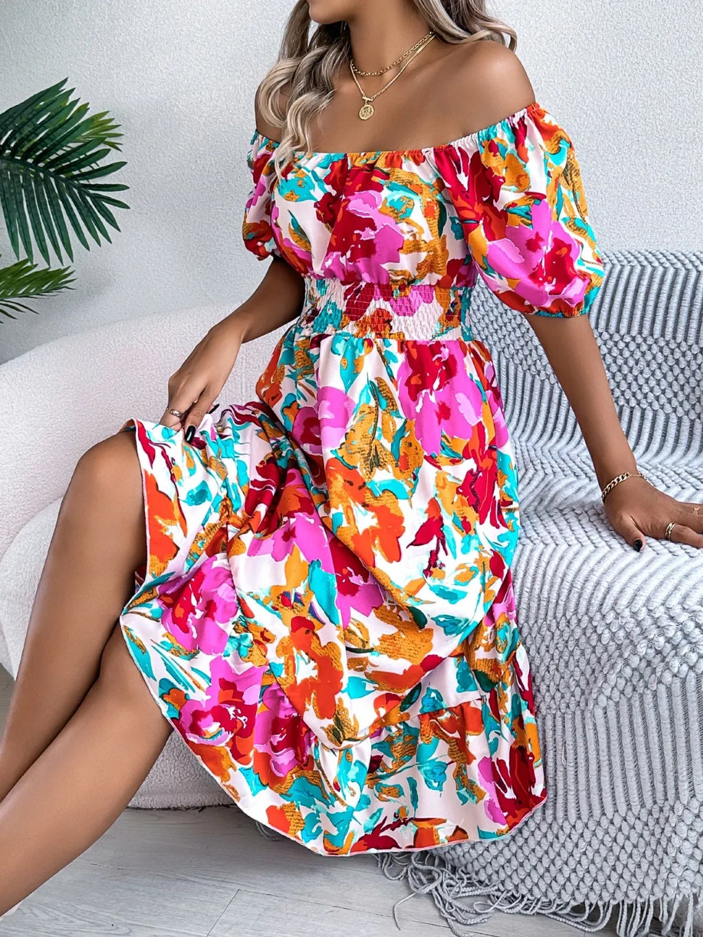 Ruffled Hem Smocked Floral Short Sleeve Midi Dress - Maria de Fatima Andrade