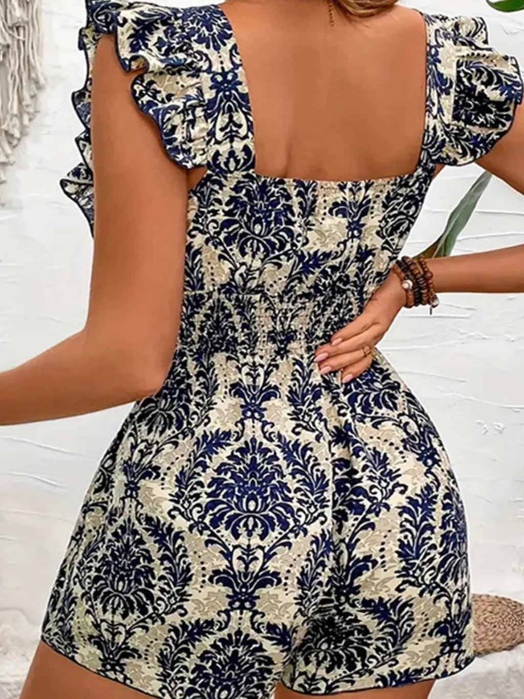 Ruffled Printed Square Neck Romper - Maria de Fatima Andrade