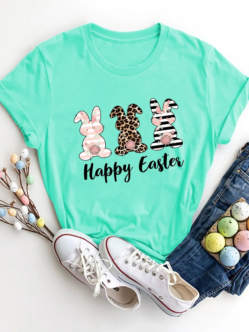 Happy Easter Round Neck Short Sleeve T-Shirt - Maria de Fatima Andrade