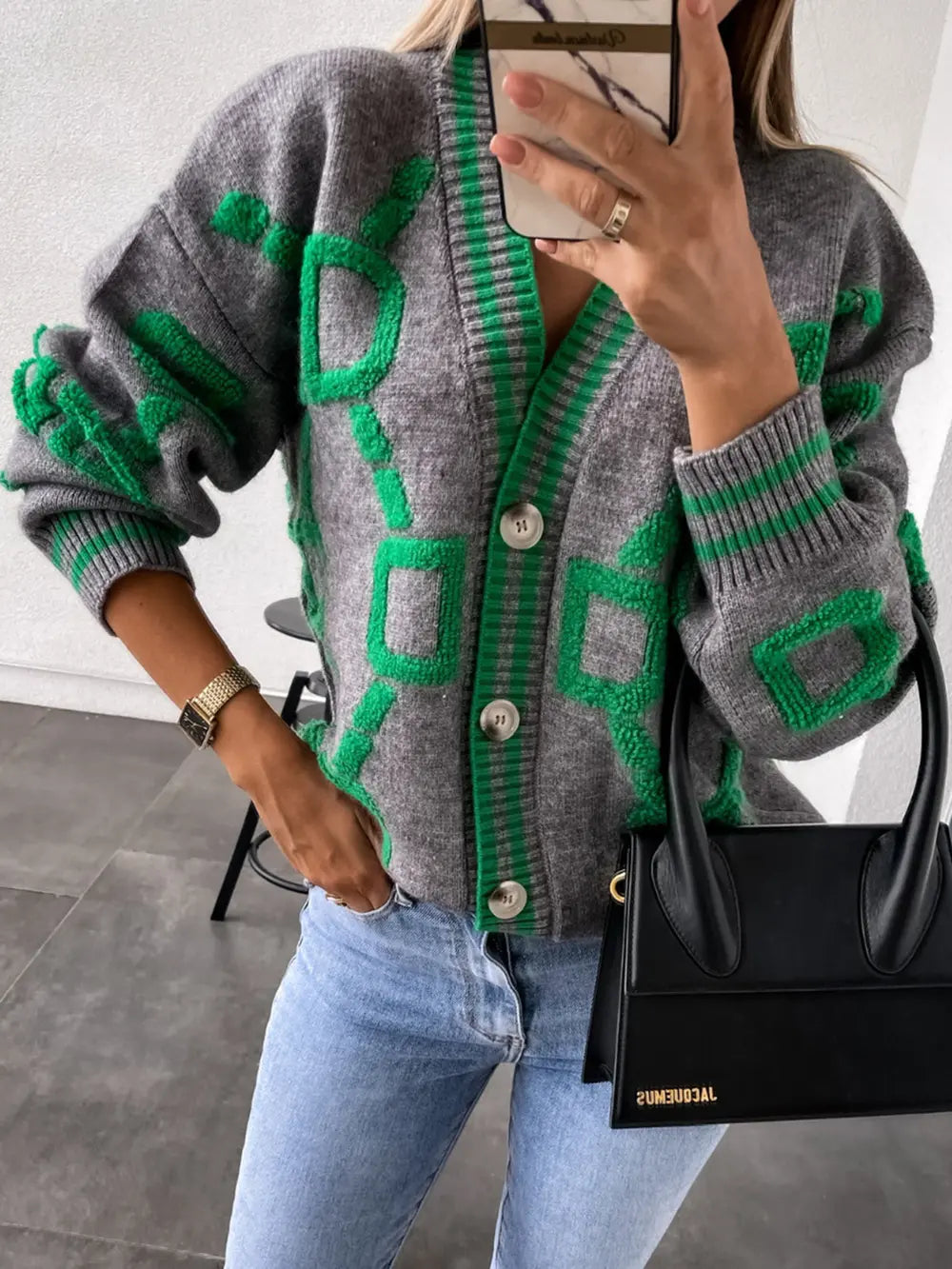 Geometric Dropped Shoulder Button Down Cardigan - Maria de Fatima Andrade