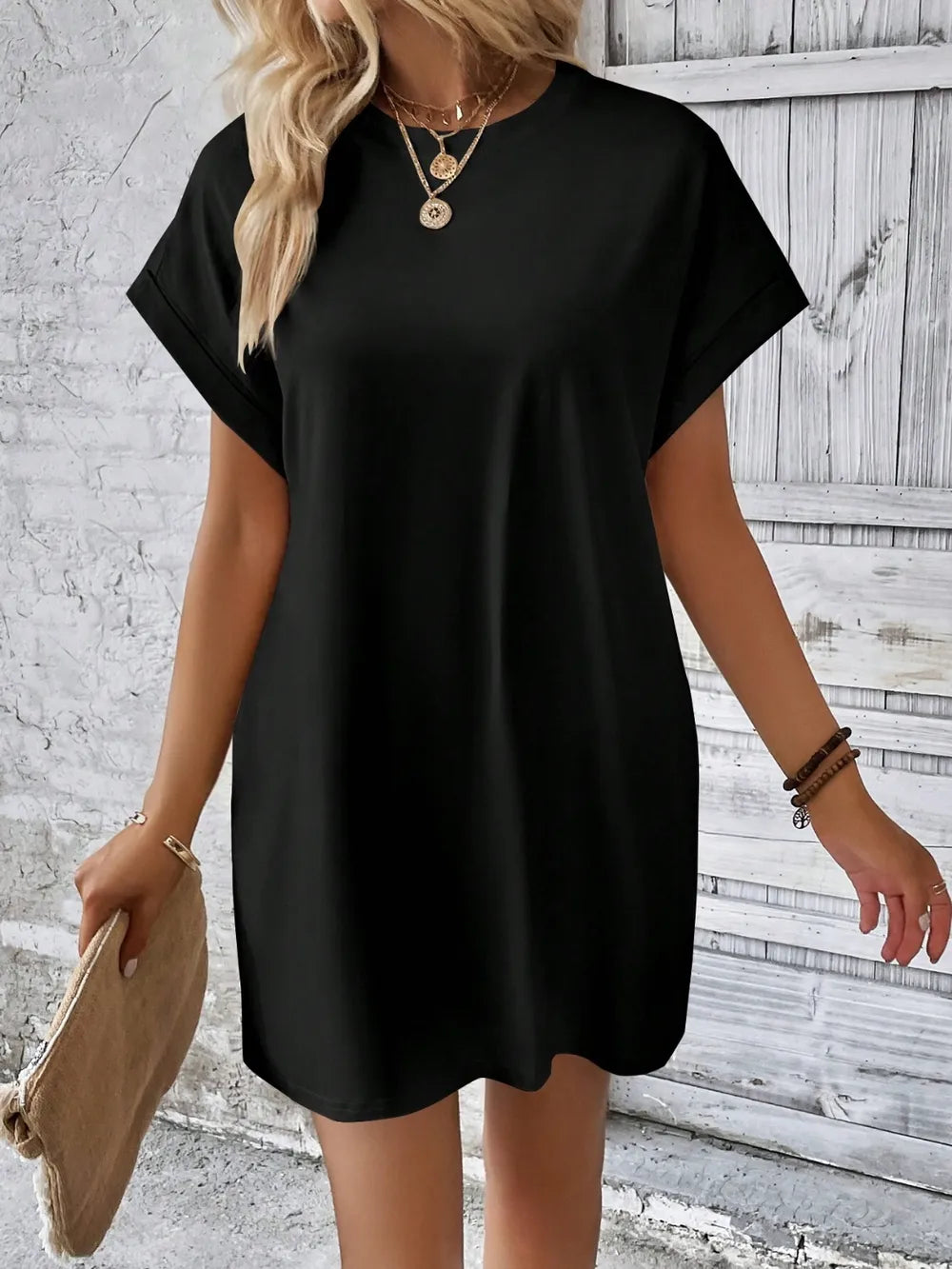 Round Neck Short Sleeve Mini Dress - Maria de Fatima Andrade