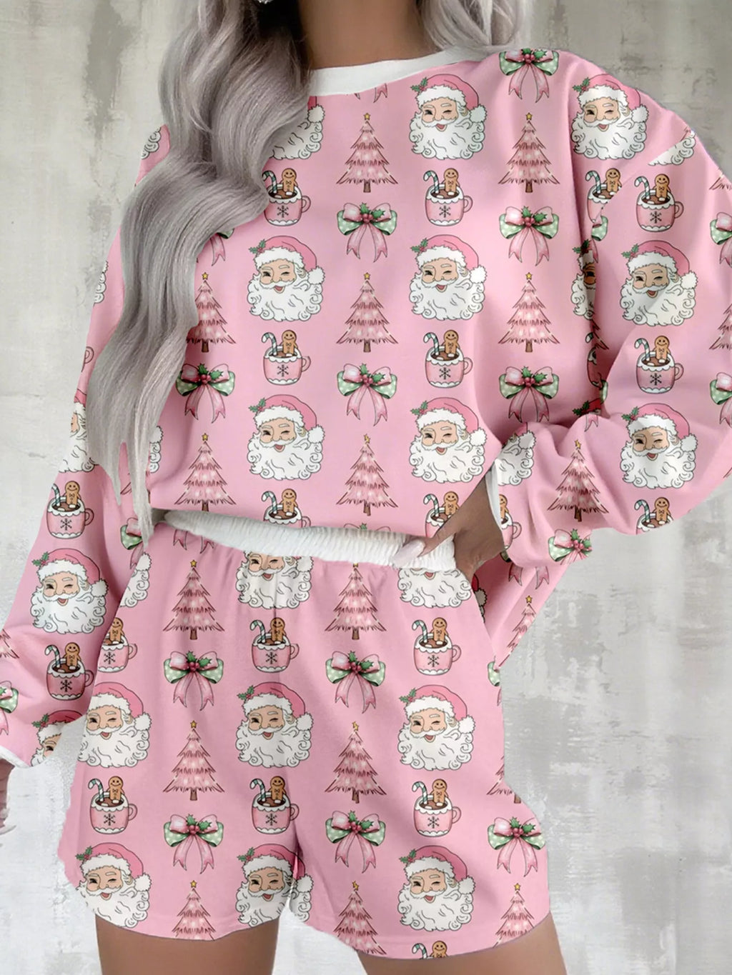 Christmas Santa Print Round Neck Top and Shorts Lounge Set - Maria de Fatima Andrade