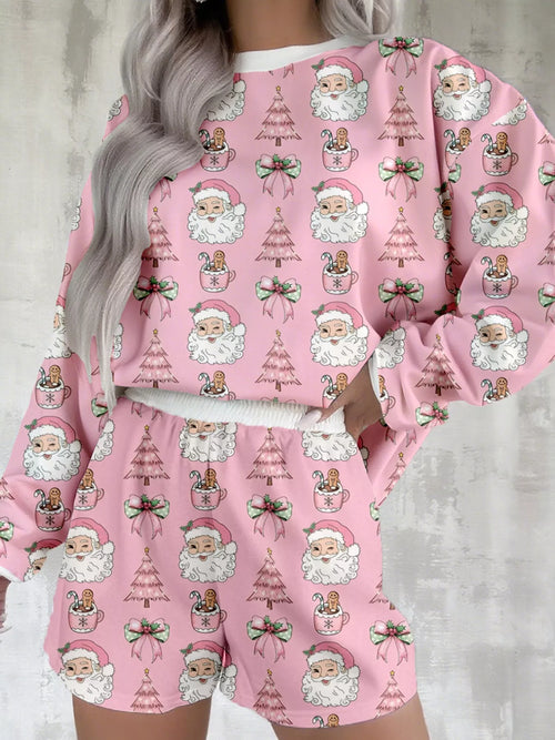 Christmas Santa Print Round Neck Top and Shorts Lounge Set - Maria de Fatima Andrade
