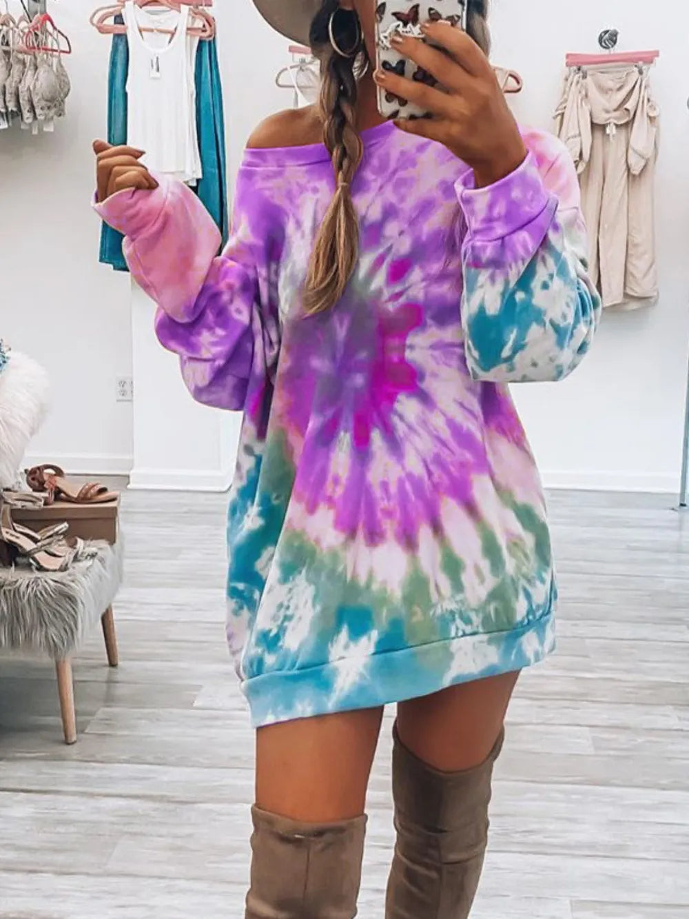 Full Size Tie-Dye Round Neck Long Sleeve Dress - Maria de Fatima Andrade