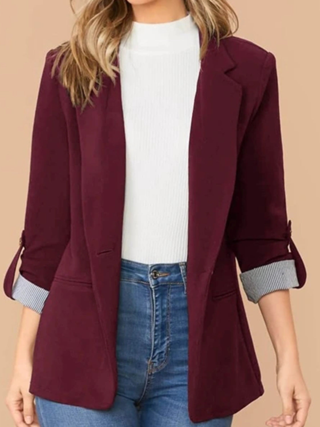 Lapel Collar Roll-Tab Sleeve Blazer - Maria de Fatima Andrade