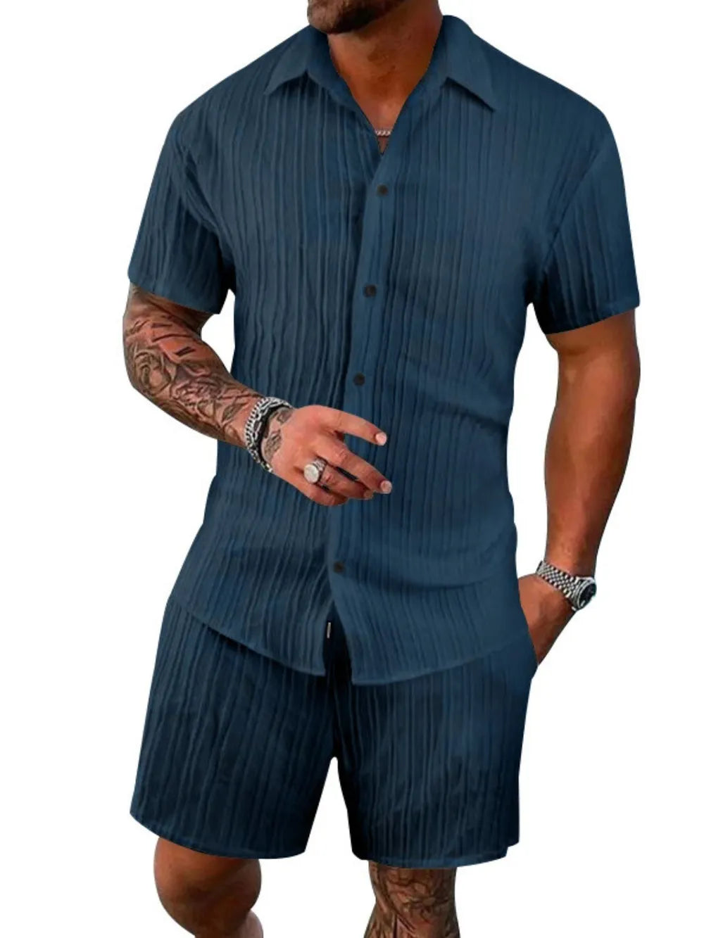Men's Full Size Button Down Short Sleeve Shirt and Shorts Set Plus Size - Maria de Fatima Andrade