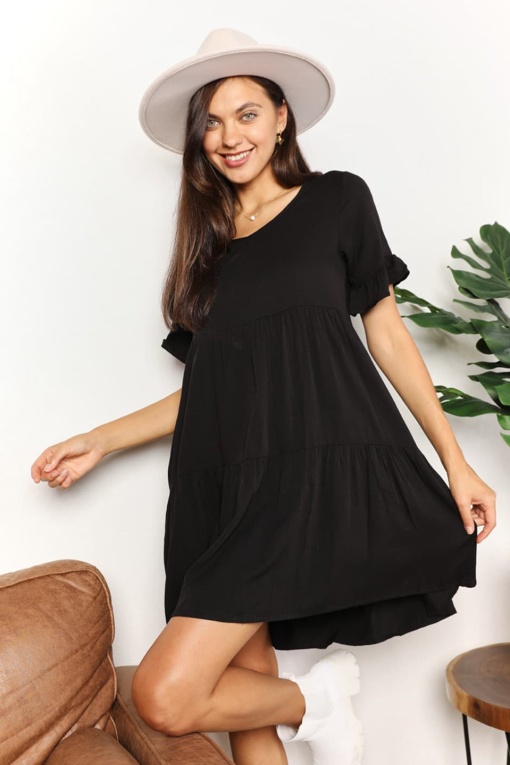Mandy V-Neck Flounce Sleeve Tiered Dress - Maria de Fatima Andrade