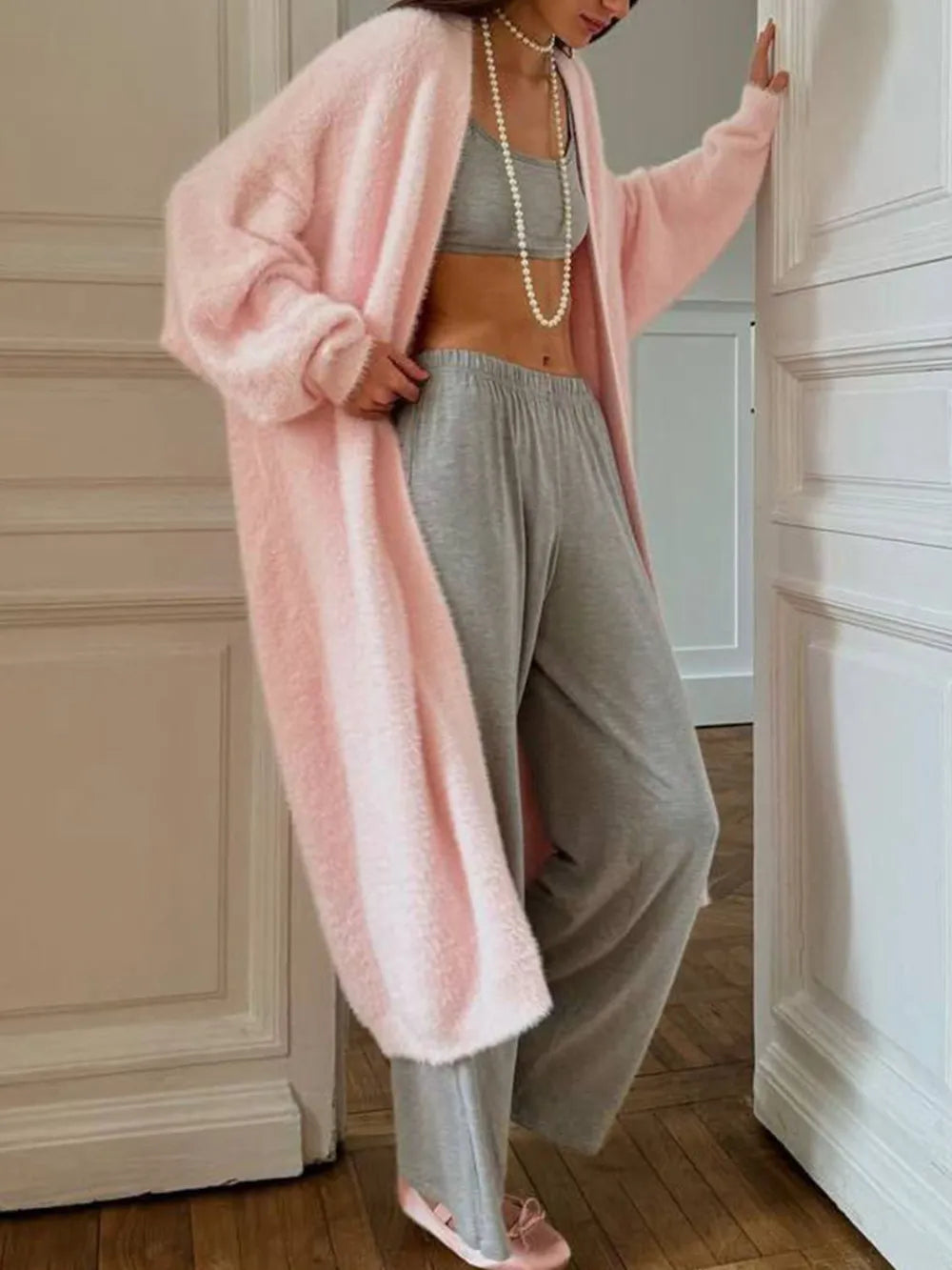 Fuzzy Open Front Solid Color Cardigan - Maria de Fatima Andrade