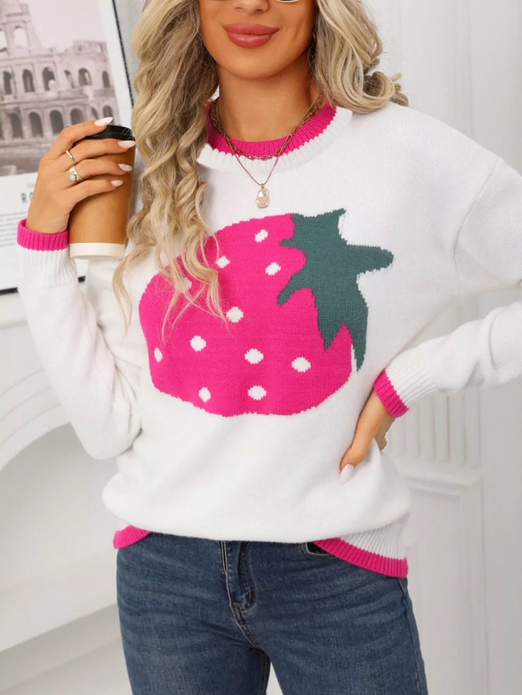 Strawberry Crew Neck Sweater - Maria de Fatima Andrade