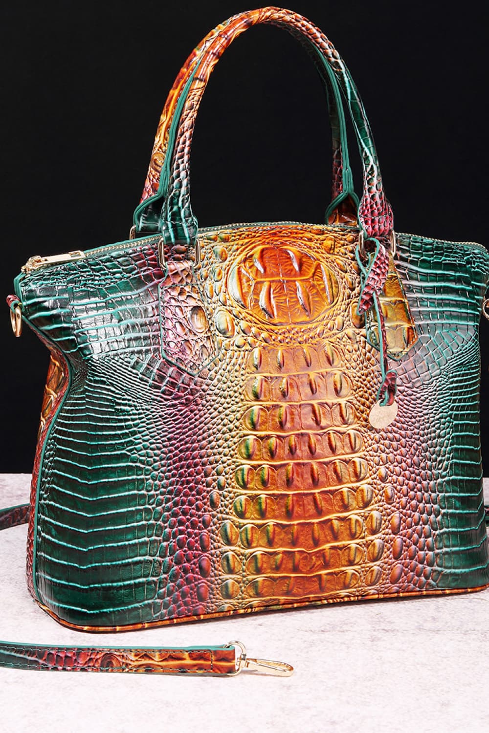 Croc-embossed PU leather handbag with dual top handles, multicolor gradient.
