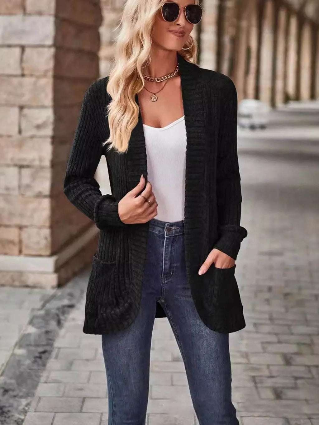 Ribbed Open Front Long Cardigan with Pockets - Maria de Fatima Andrade