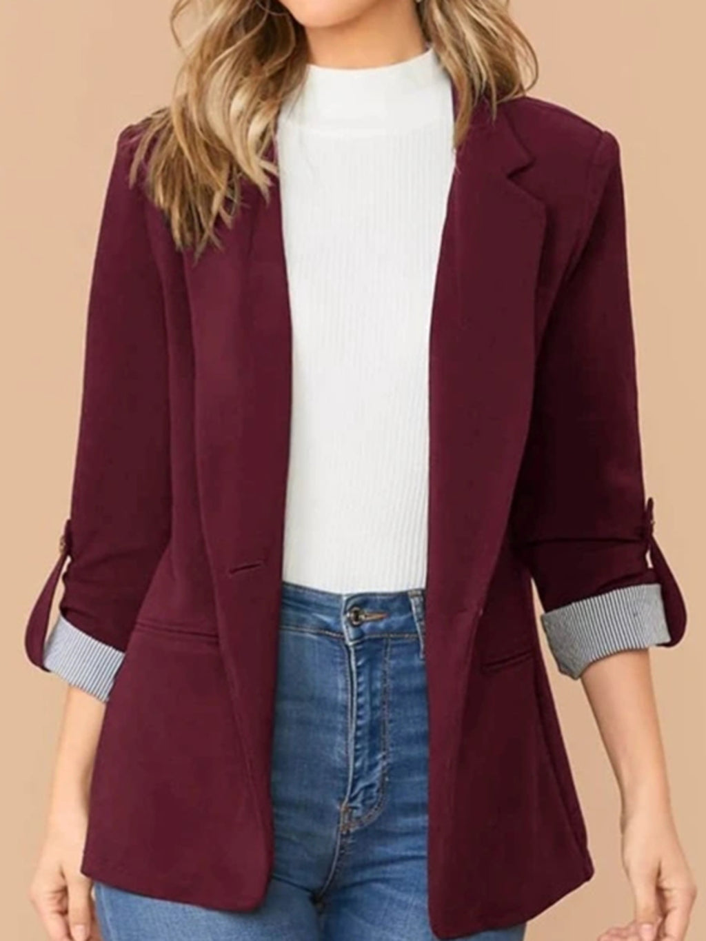 Lapel Collar Roll-Tab Sleeve Blazer - Maria de Fatima Andrade
