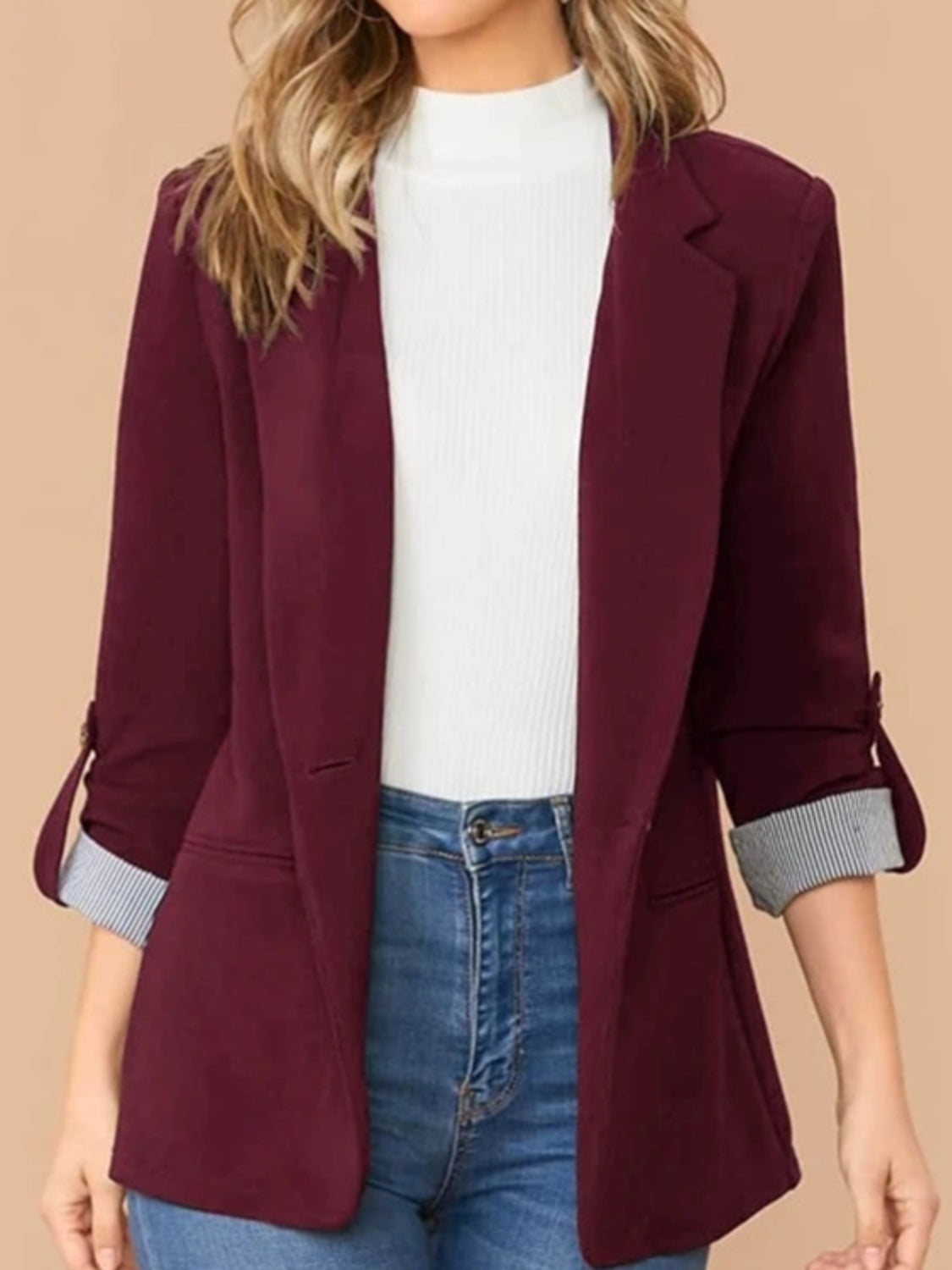 Lapel Collar Roll-Tab Sleeve Blazer - Maria de Fatima Andrade