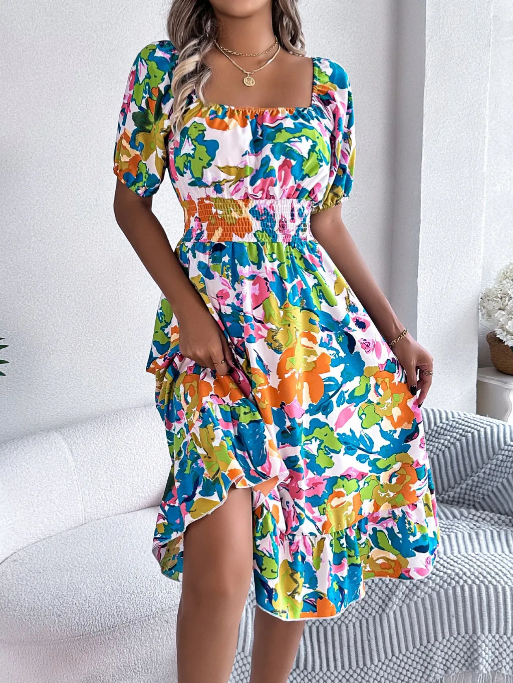 Ruffled Hem Smocked Floral Short Sleeve Midi Dress - Maria de Fatima Andrade