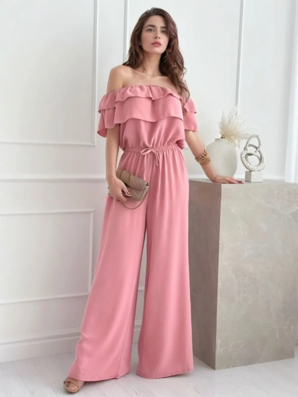 Ruffled Off  Shoulder Wide Leg Jumpsuit - Maria de Fatima Andrade
