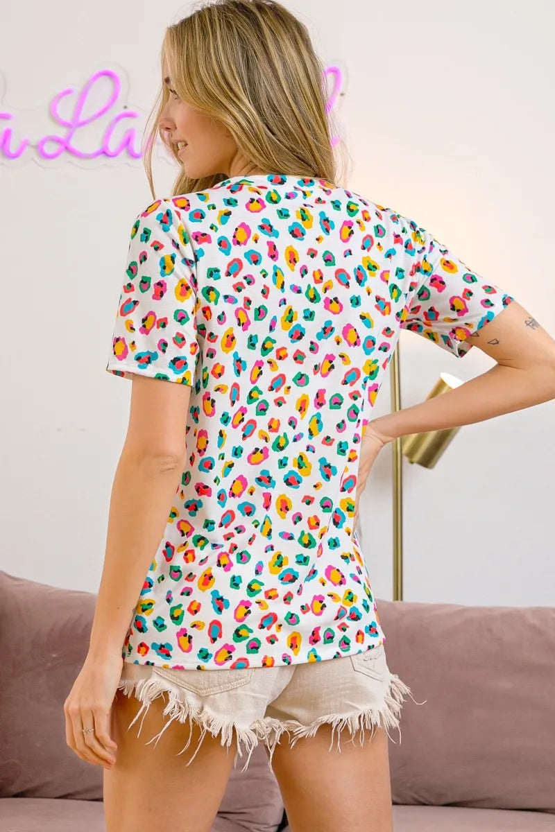 BiBi Multi Color Leopard Jersey Shirred V Neck Top - Maria de Fatima Andrade