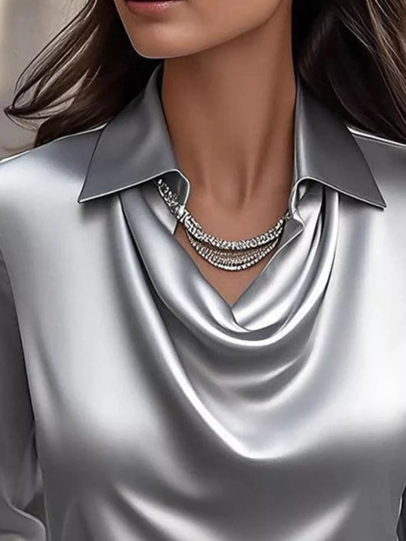 Full Size Satin Cowl Neck Long Sleeve Blouse Plus Size - Maria de Fatima Andrade
