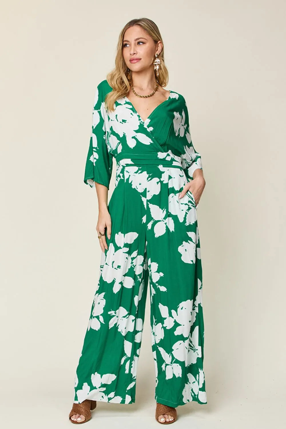 Double Take Full Size Printed Tie Back Wide Leg Jumpsuit - Maria de Fatima Andrade
