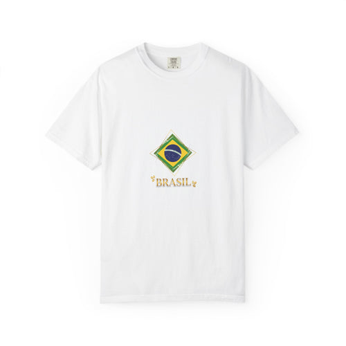 White crew-neck T-shirt with Brasil flag badge graphic