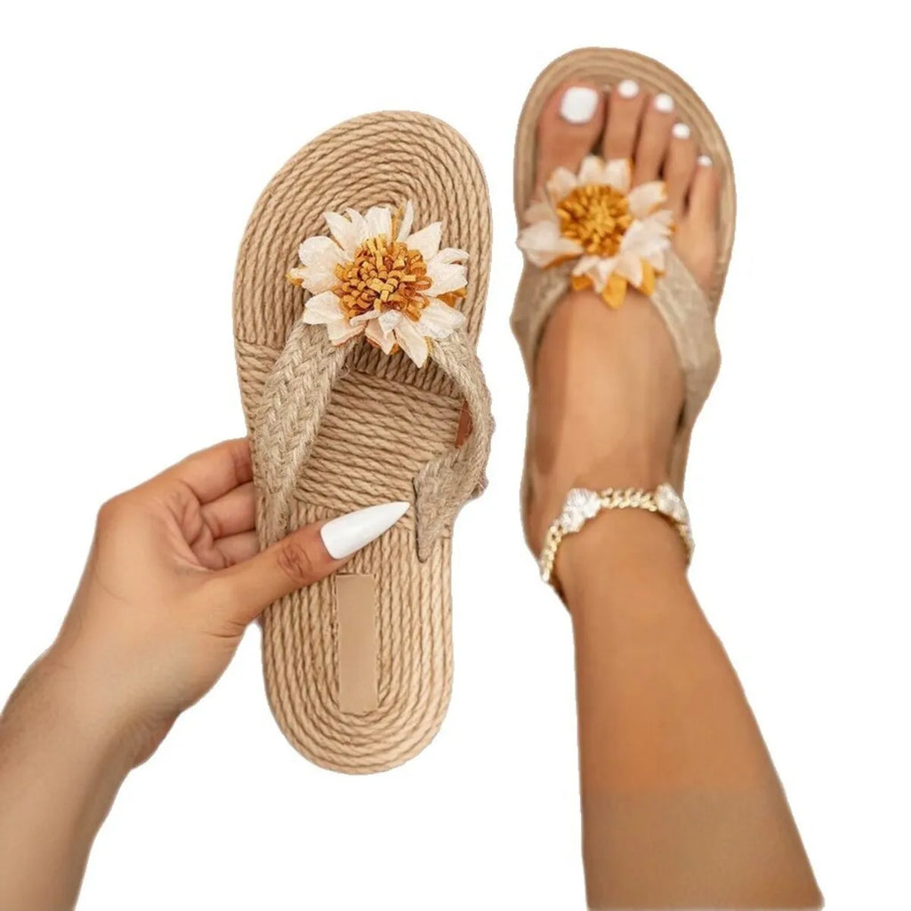 Floral Embellished Flat Sandals - Maria de Fatima Andrade