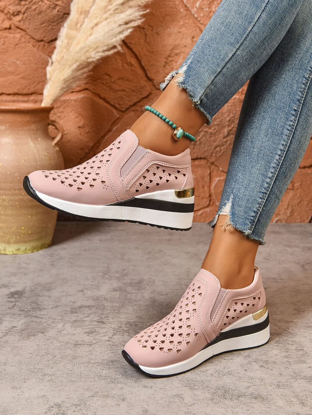 Breathable Cutout Wedge Sneakers - Maria de Fatima Andrade