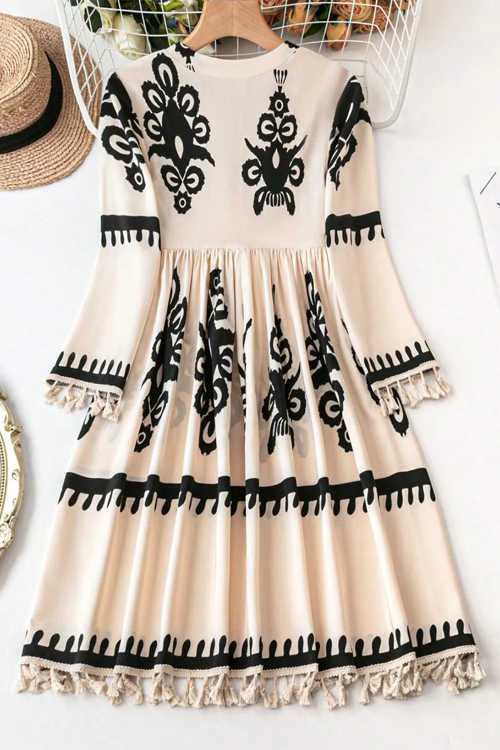 Tassel Printed Three-Quarter Sleeve Mini Dress - Maria de Fatima Andrade